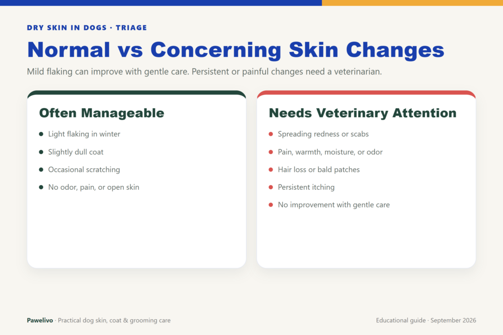 Comparison graphic showing mild dry skin changes versus signs that need veterinary attention