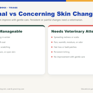 Comparison graphic showing mild dry skin changes versus signs that need veterinary attention