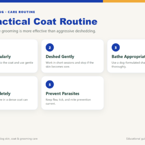 Five-step coat routine for shedding dogs: brush regularly, deshed gently, bathe appropriately, dry completely, and prevent parasites